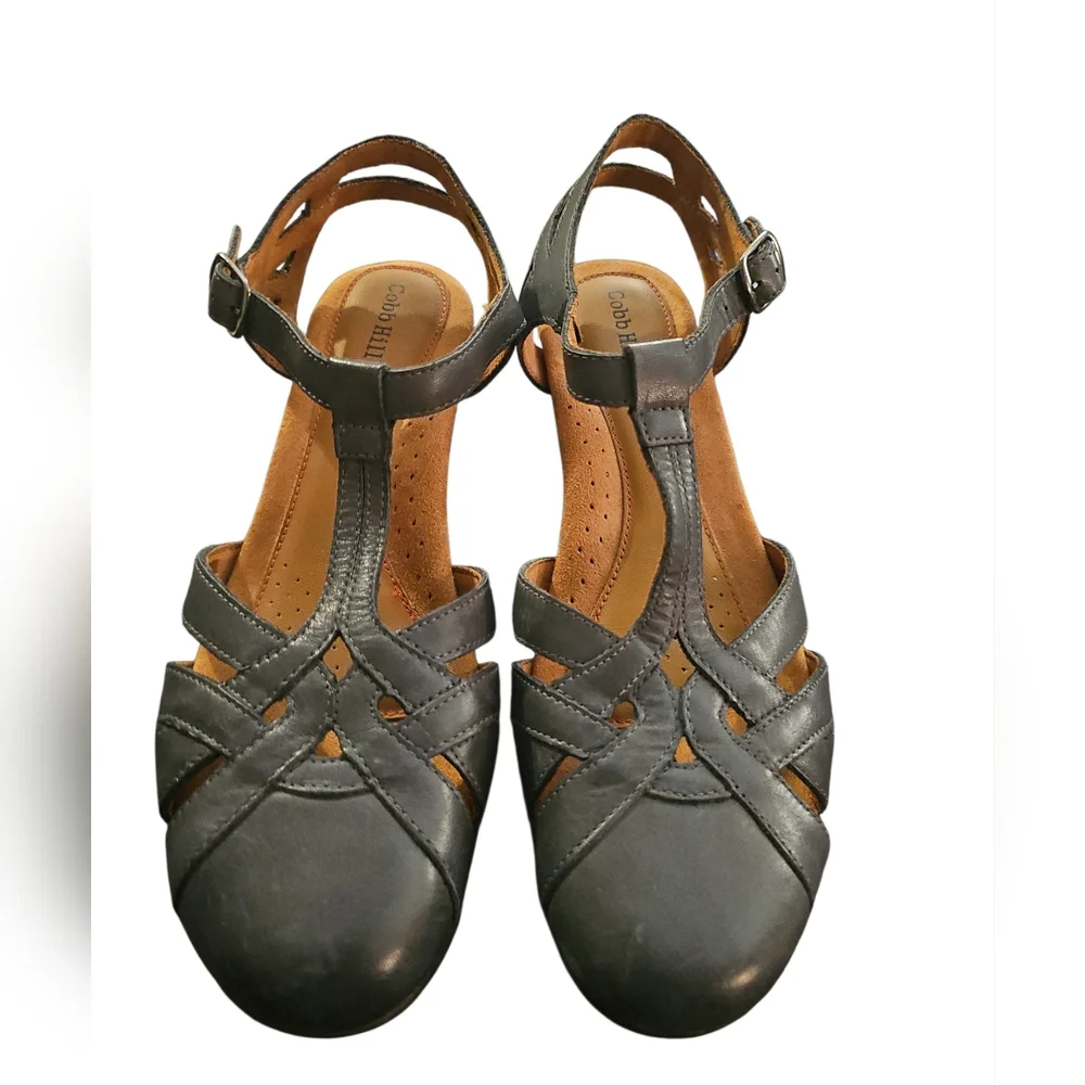 Cobb Hill Aubrey T Strap Sandals Navy Blue Leather Sz 9.5 - Picture 6 of 10